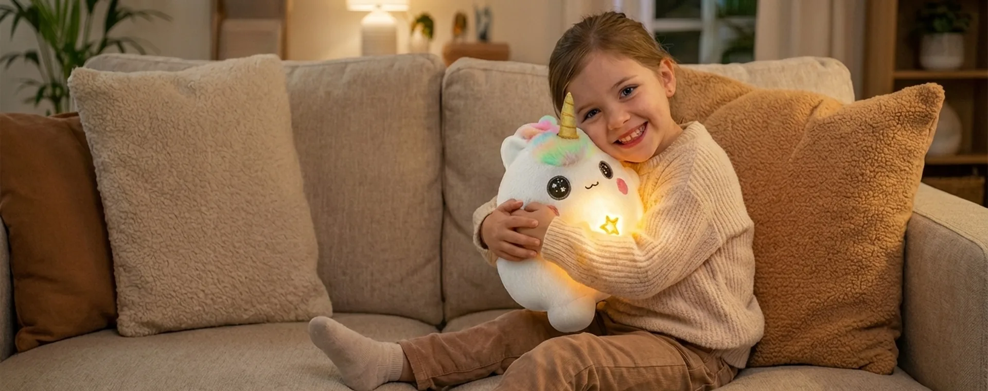 A child on a sofa hugging Lumi, her heart glowing