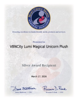 Mom’s Choice Awards certificate for VBNCity Lumi Magical Unicorn Plush, dated March 17, 2026