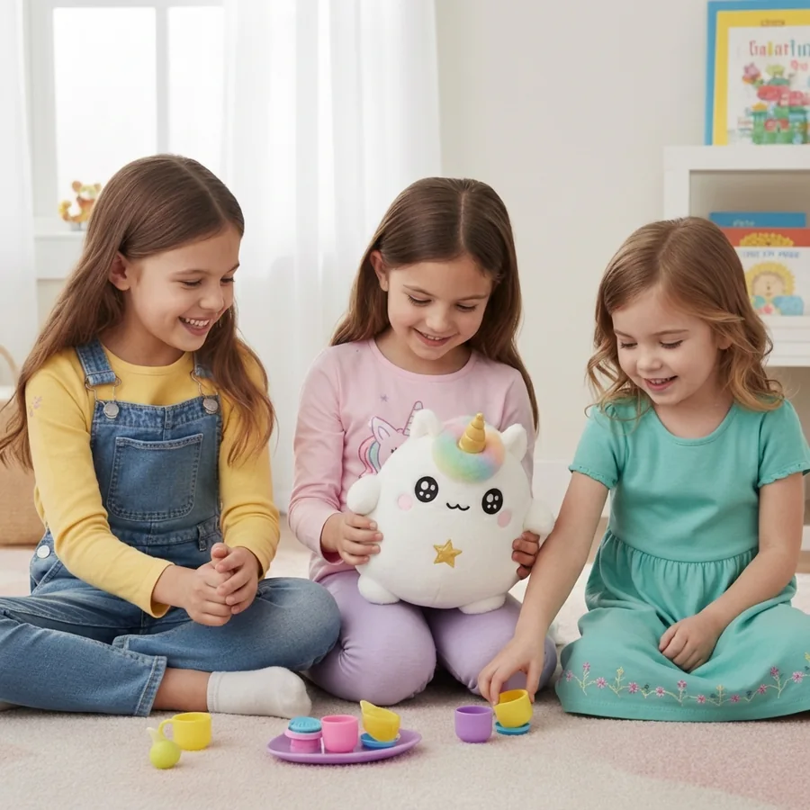 Three children playing together with Lumi
